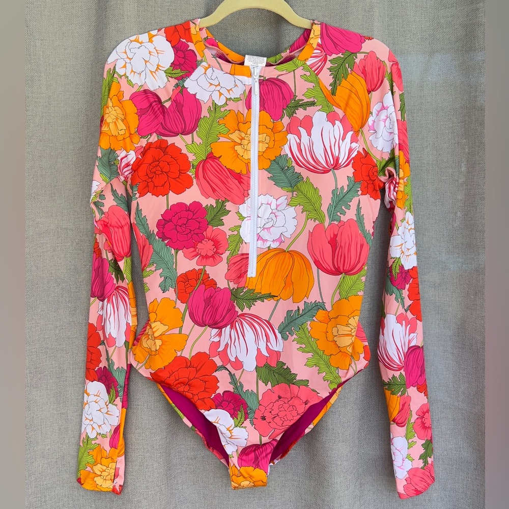 TRINA TURK Sunny Bloom Paddle long sleeve one piece swimsuit pink floral
